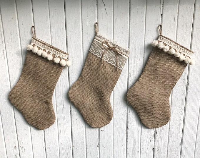 Natural Burlap Pom Pom and Lace Christmas Stockings- CHOOSE Your Design- Boho Chic-Shabby Chic-Natural Christmas