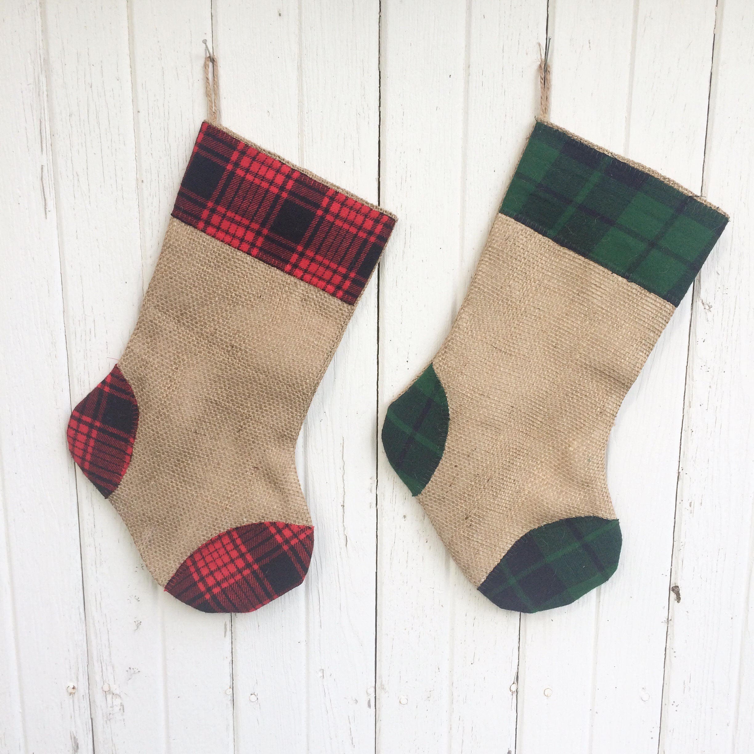 Plaid Flannel & Burlap Christmas Stocking- Red and Green Plaid-Traditional Christmas Colors 