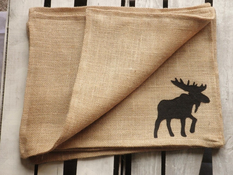 Customize-Moose-Bear-Buck-Doe-Owl-Rabbit-SquirrelRusticCountryFolk Decor Wildlife Themed Natural Burlap Placemats-Double Sided Set of 6