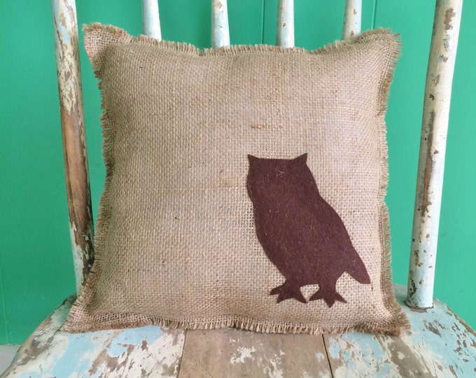 12" x 12" Burlap Fringe Pillow with Owl Applique-Wildlife Collection-Choose Your Colors-Rustic/Country/Folk/Natural-Cabin & Lodge Decor