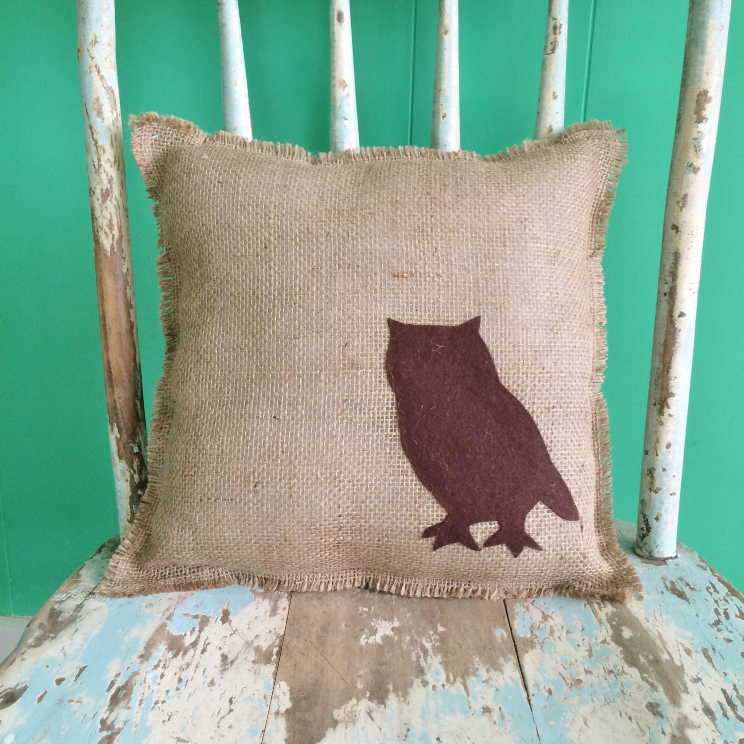 12 x 12 Burlap Fringe Pillow with Owl AppliqueWildlife Collection