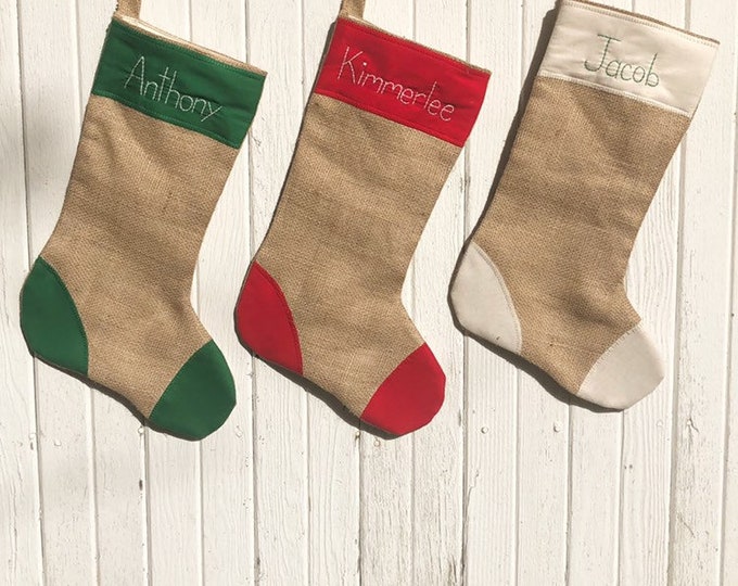 Personalized Burlap Christmas Stocking-With Cream Muslin Patches -Fully Lined-Four Colors Available- Country/Folk/Shabby Chic/Rustic