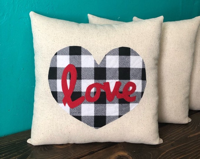 13" x 13" Love Natural Cotton Throw Pillow-Custom Colors Available-Red/Black & Black/White Buffalo Check-Valentines Day Decor