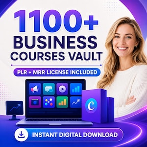 Pode incluir: Imagem promocional com o texto "1100+ BUSINESS COURSES VAULT" em azul e branco. Um laptop exibe ícones de aplicativos e uma mulher sorri. A imagem também inclui o texto "PLR + MRR LICENSE INCLUDED" e "INSTANT DIGITAL DOWNLOAD".