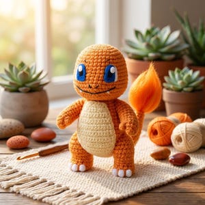 May include: A handmade orange crochet Charmander figure with blue eyes and a cream-colored belly. The figure has a flame-shaped tail and is displayed on a cream-colored, fringed mat. Yarn and succulents are in the background.
