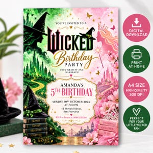 May include: A digital birthday party invitation featuring a split design with a green witch theme on the left and a pink princess theme on the right. The text reads Wicked Birthday Party, Amanda's 5th Birthday, Sunday 30th October 202X at 7:00 PM.