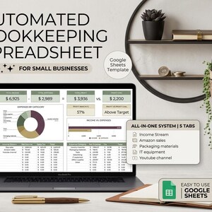May include: A laptop displays an automated bookkeeping spreadsheet for small businesses. The screen shows financial data, charts, and the text "Income Stream" and "Amazon sales." A pen and notebook are in the foreground. The image also includes a decorative wall shelf.