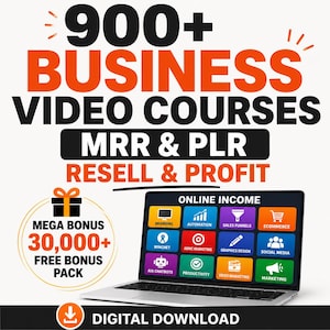 Puede incluir: Un anuncio de producto digital con el texto 900+ BUSINESS VIDEO COURSES MRR & PLR RESELL & PROFIT. Un portátil muestra una cuadrícula de iconos coloridos etiquetados con temas como Branding, Automation y Ecommerce. Incluye un paquete de bonificación.