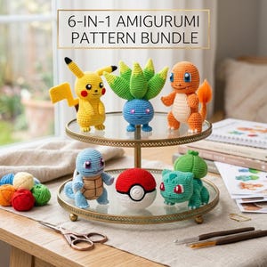 May include: A two-tiered, gold-rimmed serving tray displays six colorful, crocheted amigurumi figures. The figures include Pikachu, Charmander, Squirtle, Bulbasaur, and a Poke Ball. The text "6-IN-1 AMIGURUMI PATTERN BUNDLE" is at the top.