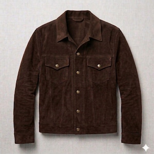 May include: A brown suede jacket with a classic design. The jacket features a collared neckline, two chest pockets, and two side pockets. It has a button-up front with gold-colored buttons. The jacket is a medium weight and appears to be a versatile outerwear piece.