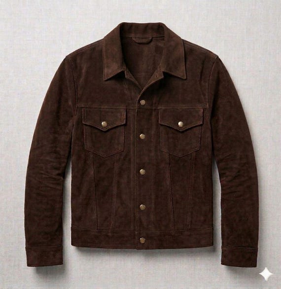 Men’s Handmade Dark Brown Suede Leather Jacket, Vintage Western Trucker Style Coat, Genuine Chocolate Brown Suede Denim Jacket, Gift for Him