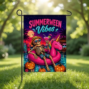 May include: A rectangular garden flag featuring a skeleton wearing sunglasses and a straw hat, lounging on a pink unicorn pool float in water. The text reads SUMMERWEEN Vibes. The scene includes jack-o'-lanterns, palm trees, and a cocktail.