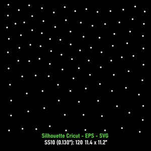 May include: A digital graphic file featuring a black background with a scattered pattern of small white dots. At the bottom, green text reads: Silhouette Cricut - EPS - SVG, SS10 (0.130"): 120 11.4 x 11.2". This design is for cutting machines.