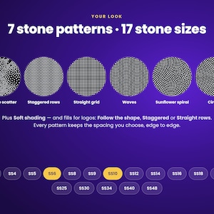 May include: A purple graphic display titled 7 stone patterns and 17 stone sizes. It features six circular examples labeled Sparkle scatter, Staggered rows, Straight grid, Waves, Sunflower spiral, and Circles. Below are 17 stone size buttons from SS3 to SS48.