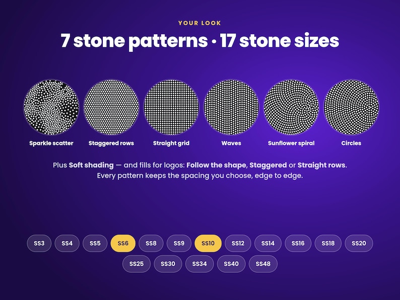 May include: A purple graphic display titled 7 stone patterns and 17 stone sizes. It features six circular examples labeled Sparkle scatter, Staggered rows, Straight grid, Waves, Sunflower spiral, and Circles. Below are 17 stone size buttons from SS3 to SS48.
