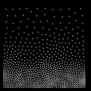 May include: A square graphic design featuring a black background with a white dot pattern. The density of the white dots increases from the top to the bottom, creating a gradient effect where the dots are sparse at the top and densely clustered at the base.