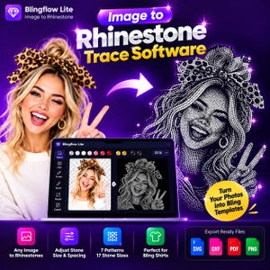 May include: Blingflow Lite Image to Rhinestone Trace Software displayed on a laptop screen. The interface shows a photo of a person with a leopard print bow being converted into a rhinestone pattern. Includes SVG, DXF, PDF, and PNG file icons.