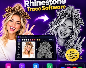 May include: Blingflow Lite Image to Rhinestone Trace Software displayed on a laptop screen. The interface shows a photo of a person with a leopard print bow being converted into a rhinestone pattern. Includes SVG, DXF, PDF, and PNG file icons.