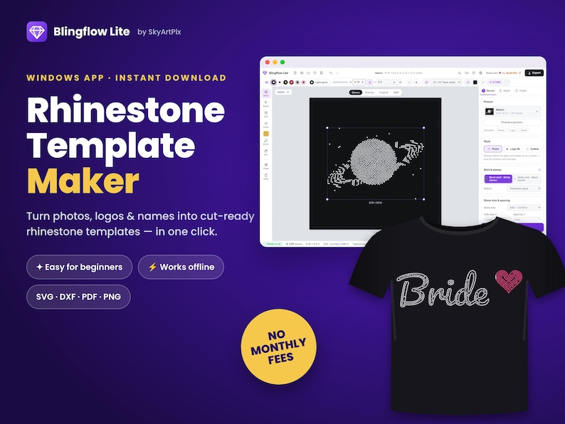 Rhinestone Template Maker Software for Windows | Photo, Logo & Name to Rhinestone SVG DXF PDF | Bling Shirt Design App | Works Offline