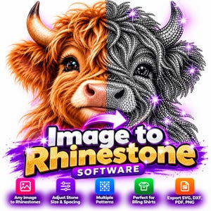 Pode incluir: Um gráfico digital com uma cabeça de vaca Highland dividida, metade pelo castanho realista e metade padrão de strass a preto e branco. Abaixo, o texto Image to Rhinestone SOFTWARE inclui cinco ícones que detalham funções e formatos de ficheiros.