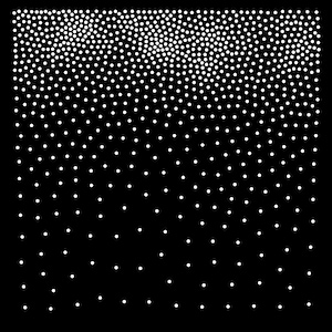 May include: A square graphic design featuring a black background with a white dot pattern. The dots are densely clustered at the top edge and gradually become more sparse and widely spaced towards the bottom, creating a vertical gradient effect.