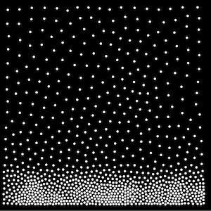 May include: A square graphic pattern featuring a solid black background with numerous small white dots. The density of the white dots increases significantly towards the bottom edge, creating a gradient effect from sparse at the top to dense at the base.