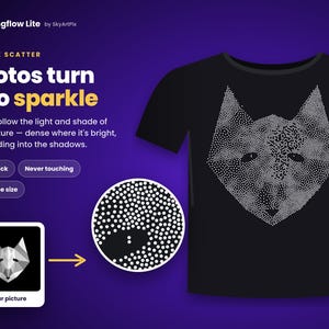 May include: A black t-shirt featuring a white graphic of a fox head composed of scattered dots. The image includes text: Blingflow Lite by SkyArtPix, SPARKLE SCATTER, Photos turn into sparkle, Stones follow the light and shade of your picture.