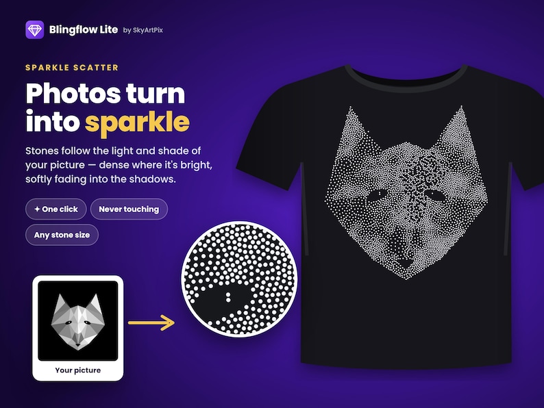 May include: A black t-shirt featuring a white graphic of a fox head composed of scattered dots. The image includes text: Blingflow Lite by SkyArtPix, SPARKLE SCATTER, Photos turn into sparkle, Stones follow the light and shade of your picture.