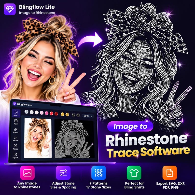 Rhinestone Template Maker Software for Windows | Photo, Logo & Name to Rhinestone SVG DXF PDF | Bling Shirt Design App | Works Offline