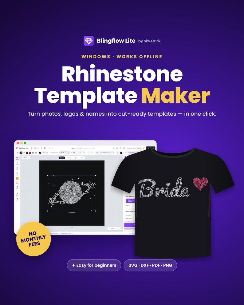 Rhinestone Template Maker Software for Windows | Photo, Logo & Name to Rhinestone SVG DXF PDF | Bling Shirt Design App | Works Offline