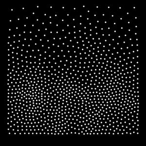 May include: A square graphic pattern featuring a black background covered in small white dots. The density of the white dots increases from the top of the square to the bottom, creating a gradient effect where the dots are sparse at the top and dense at the bottom.