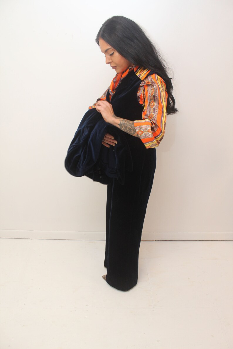 1970s Three Piece Dark Blue Velvet Suit Medium