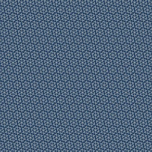 May include: A repeating pattern of white geometric shapes on a dark blue background. The design features interconnected star-like figures, creating a textured, all-over print. The pattern is dense and uniform, suitable for various applications.