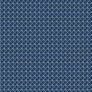 Könnte beinhalten: Ein sich wiederholendes Muster aus weißen Linien, das ein Gitter aus Quadraten und sich kreuzenden diagonalen Linien bildet, vor einem tiefblauen Hintergrund. Das Design erzeugt einen geometrischen, strukturierten Effekt, der für verschiedene Anwendungen geeignet ist.