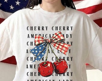 Camiseta Comfort Colors® Cherry Cherry American Lady USA, Camiseta Vintage Cherry 4th Of July, Camiseta de Frutas del Día de la Independencia, Camiseta Cherry Girl America