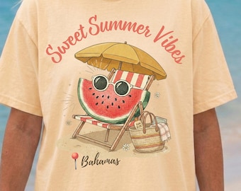 Camiseta Comfort Colors® Sweet Summer Vibes, Camiseta vintage de verano con sandía en la playa, Camiseta linda de sandía, Conjunto divertido de frutas personalizado para vacaciones
