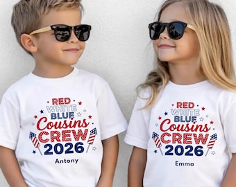 Camiseta personalizada Cousins Crew 2026, camiseta familiar a juego en rojo, blanco y azul, regalo para nietos del 4 de julio, camiseta patriótica para la reunión familiar del 4 de julio.