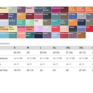 May include: A color chart displaying a wide variety of fabric shades including white, black, various blues, greens, reds, and oranges, alongside a table of finished measurements in inches for sizes S through 4XL, detailing body length and chest width.
