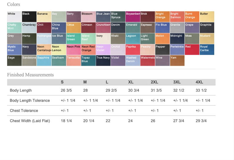 May include: A color chart displaying a wide variety of fabric shades including white, black, various blues, greens, reds, and oranges, alongside a table of finished measurements in inches for sizes S through 4XL, detailing body length and chest width.
