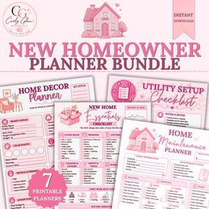 Peut inclure: Un ensemble de planificateurs pour nouveaux propriétaires avec des pages imprimables dans les tons roses. Le lot comprend un planificateur de décoration, une liste de contrôle des essentiels, des services publics et d'entretien.