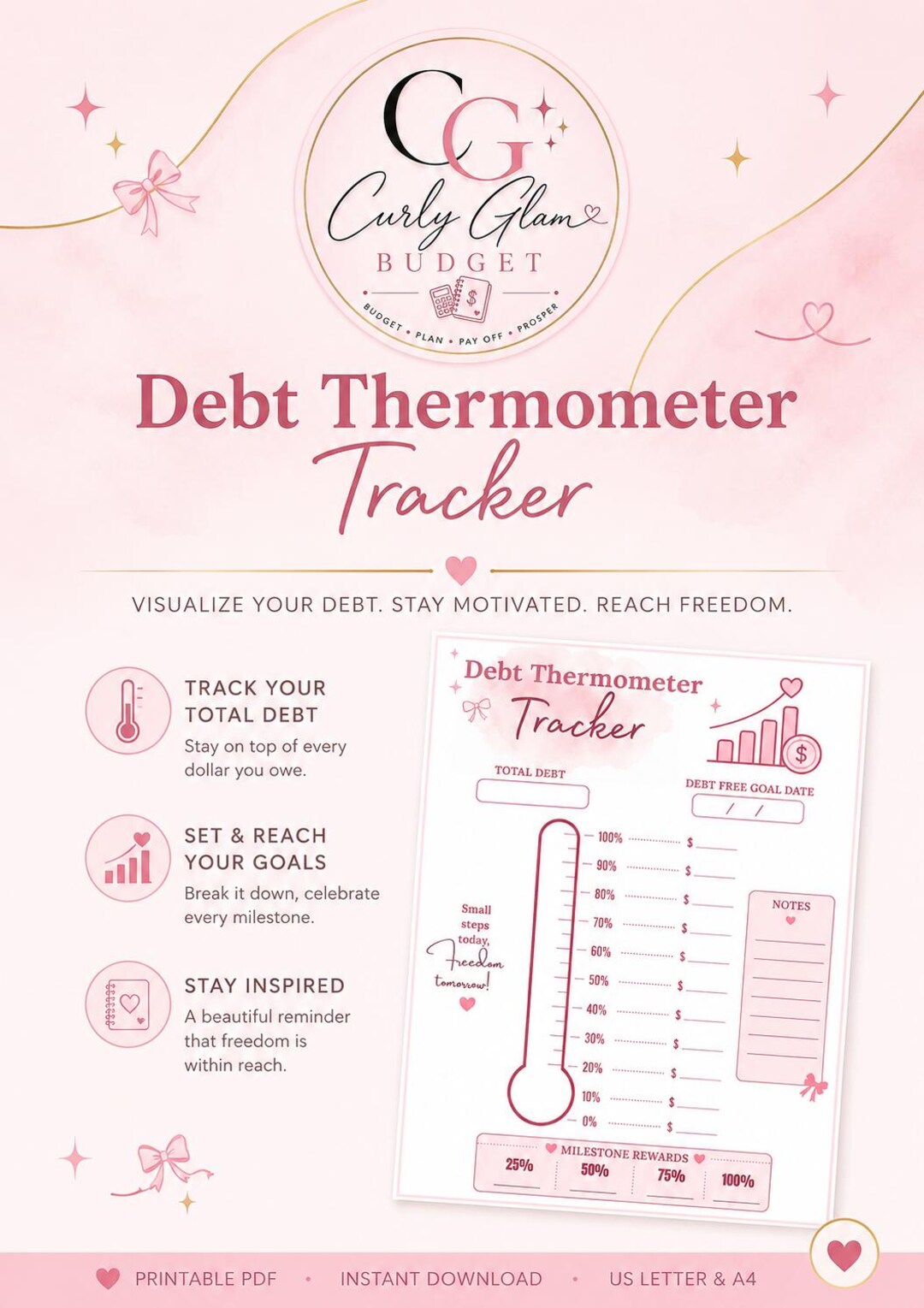 Pink Debt Thermometer Tracker Printable | Debt Payoff Tracker PDF ...
