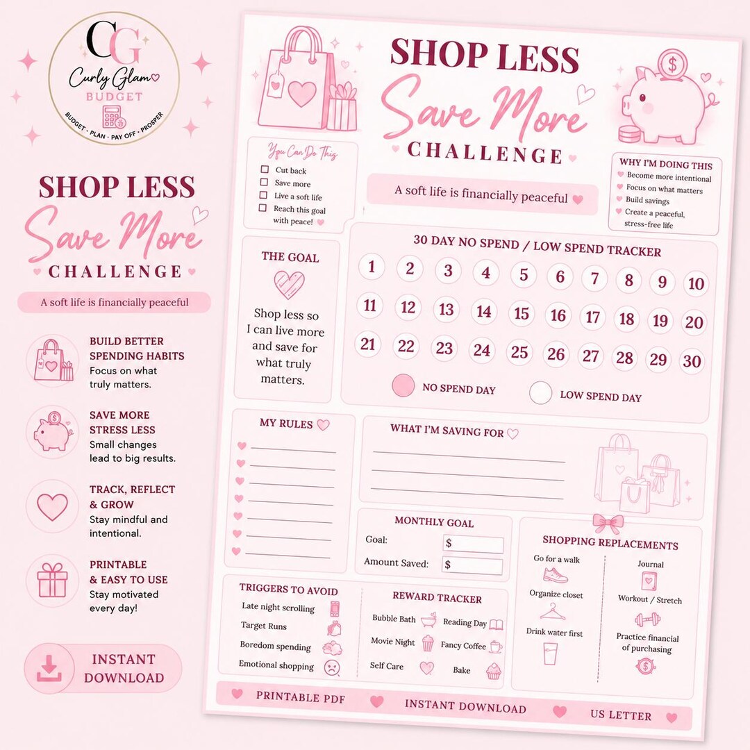 30 Day No Spend Challenge Printable | Mindful Spending Tracker | Pink ...