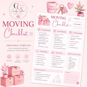 May include: A pink-themed printable moving checklist template featuring sections for 6-8 weeks, 4-6 weeks, 2-4 weeks, 1 week before, moving day, and a new home checklist. The document includes illustrations of moving boxes, keys, and a house icon.