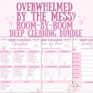 May include: A pink and white digital cleaning planner bundle featuring the text OVERWHELMED BY THE MESS? ROOM-BY-ROOM DEEP CLEANING BUNDLE. The sheets include sections for a deep cleaning checklist, room-by-room tasks, and a weekly cleaning schedule.
