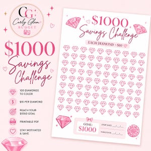 Pink Diamond 1000 Savings Challenge Tracker Printable | Feminine Budget Planner PDF