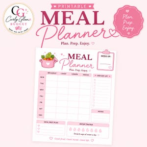 May include: A printable meal planner sheet with a pink color scheme. It features a weekly grid for breakfast, lunch, dinner, and snacks, a grocery list, a water tracker with 8 water drop icons, and a meal prep plan. Text includes Meal Planner, Plan. Prep. Enjoy., Week of, and Good food. Good mood. Good life.
