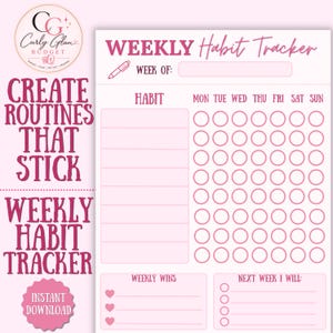 May include: A weekly habit tracker printable featuring a pink and white color scheme. The document includes a header with the text WEEKLY Habit Tracker, a section for habits with seven columns of circles for each day, and areas for weekly wins and goals.