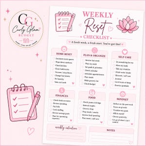 May include: A pink and white weekly reset checklist featuring sections for home, planning, self-care, finances, food, and mindset. The document includes a lotus flower icon, a clipboard graphic, and the text Weekly Reset Checklist.