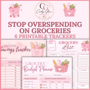 May include: A set of six printable grocery budget trackers and lists in a pink color scheme. The pages feature illustrations of shopping carts and baskets filled with food, with text including STOP OVERSPENDING ON GROCERIES and 6 PRINTABLE TRACKERS.