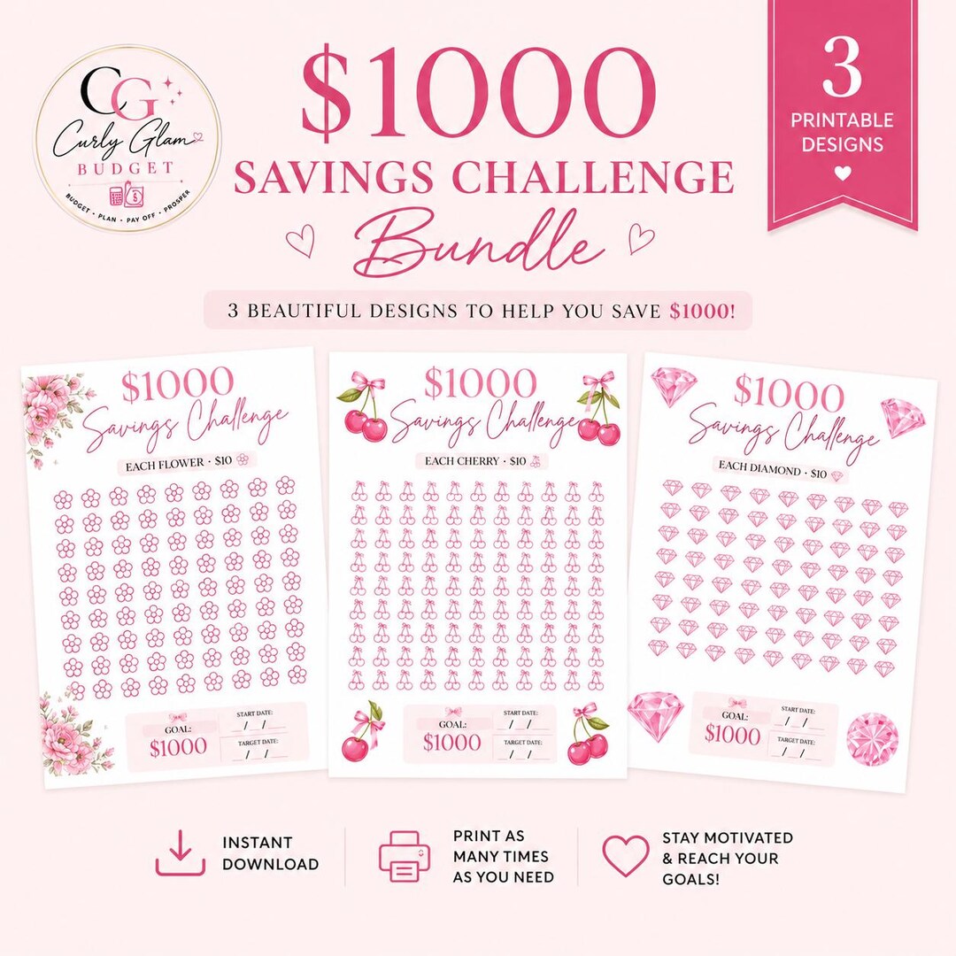 1000 Dollar Savings Challenge Bundle | Floral, Cherry, Diamond Trackers ...